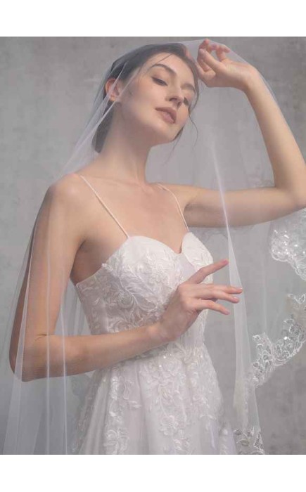 One-tier Lace Applique Edge Cathedral Bridal Veils With Lace