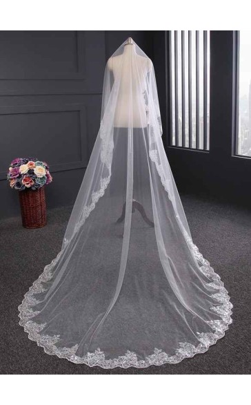 One-tier Lace Applique Edge Cathedral Bridal Veils With Lace