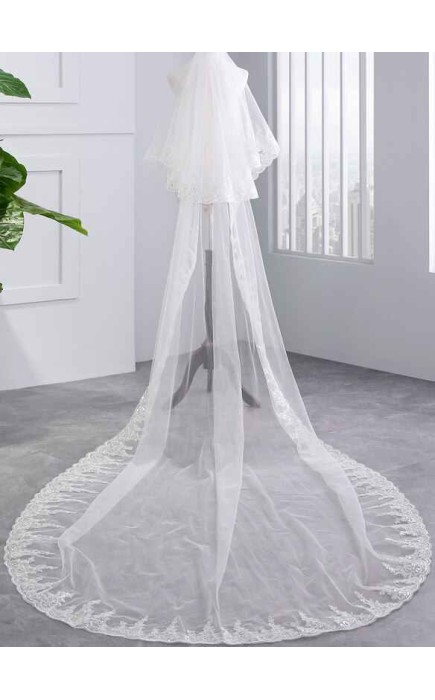 Two-tier Lace Applique Edge Chapel Bridal Veils With Lace