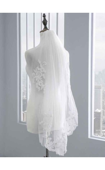 One-tier Lace Applique Edge Elbow Bridal Veils With Rhinestones/Lace