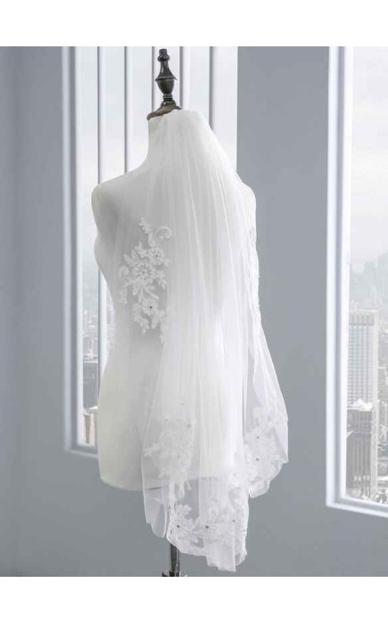 One-tier Lace Applique Edge Elbow Bridal Veils With Rhinestones/Lace