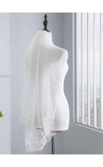 One-tier Lace Applique Edge Elbow Bridal Veils With Rhinestones/Lace