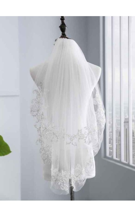 Two-tier Lace Applique Edge Elbow Bridal Veils With Lace