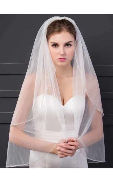 Two-tier Cut Edge Elbow Bridal Veils With Rhinestones