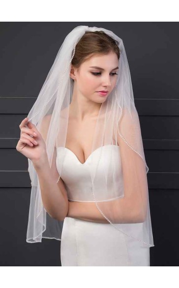 Two-tier Cut Edge Elbow Bridal Veils With Rhinestones