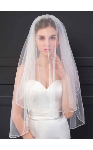 Two-tier Cut Edge Elbow Bridal Veils With Rhinestones