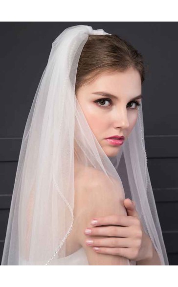 Two-tier Cut Edge Elbow Bridal Veils With Rhinestones