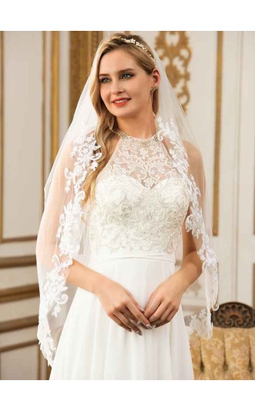 Two-tier Lace Applique Edge Elbow Bridal Veils With Lace