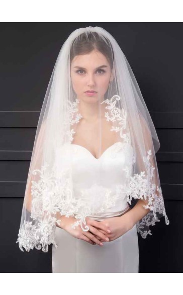 Two-tier Lace Applique Edge Elbow Bridal Veils With Lace