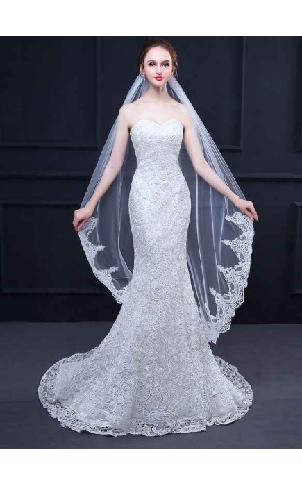 One-tier Lace Applique Edge Waltz Bridal Veils With Lace