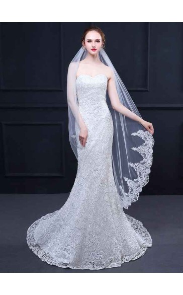 One-tier Lace Applique Edge Waltz Bridal Veils With Lace