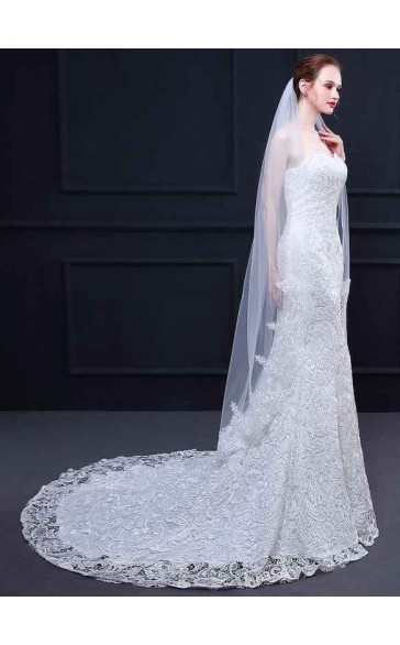 One-tier Lace Applique Edge Waltz Bridal Veils With Lace