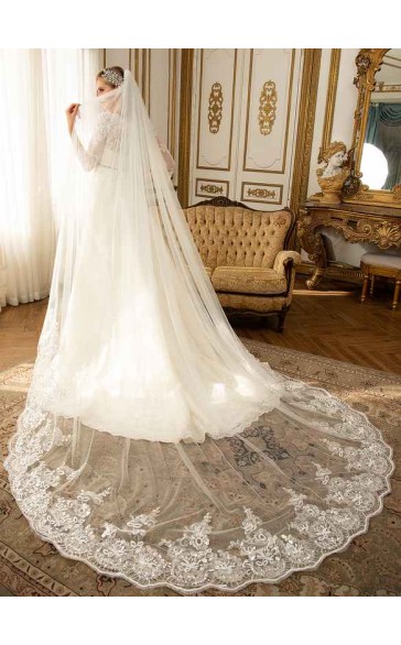 One-tier Lace Applique Edge Cathedral Bridal Veils With Lace