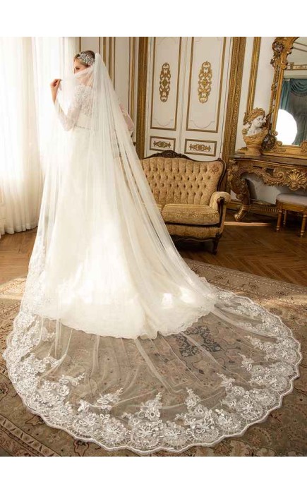 One-tier Lace Applique Edge Cathedral Bridal Veils With Lace