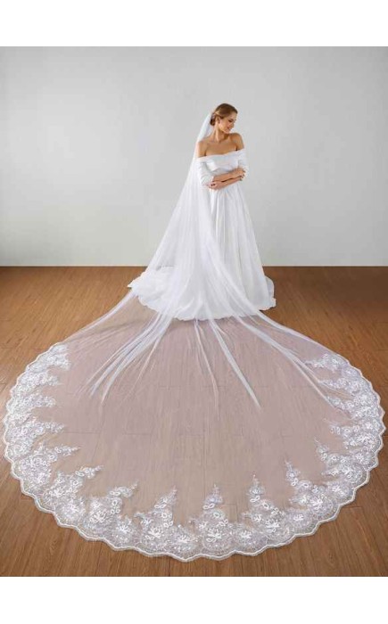 One-tier Lace Applique Edge Cathedral Bridal Veils With Lace