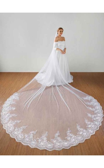 One-tier Lace Applique Edge Cathedral Bridal Veils With Lace