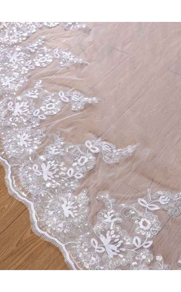 One-tier Lace Applique Edge Cathedral Bridal Veils With Lace