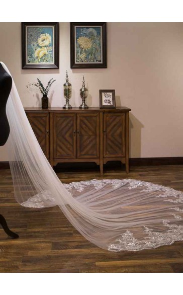 One-tier Lace Applique Edge Cathedral Bridal Veils With Lace