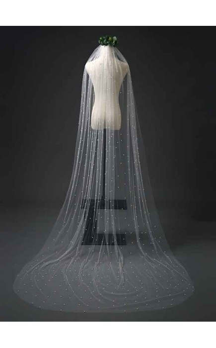 One-tier Cut Edge Chapel Bridal Veils With Faux Pearl