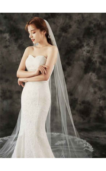 One-tier Lace Applique Edge Chapel Bridal Veils With Lace