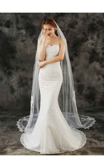 One-tier Lace Applique Edge Chapel Bridal Veils With Lace