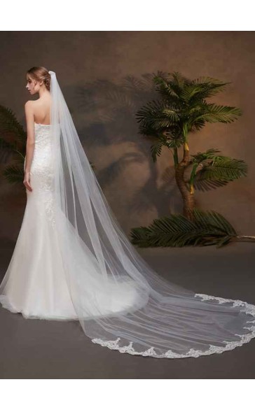 One-tier Lace Applique Edge Cathedral Bridal Veils With Lace