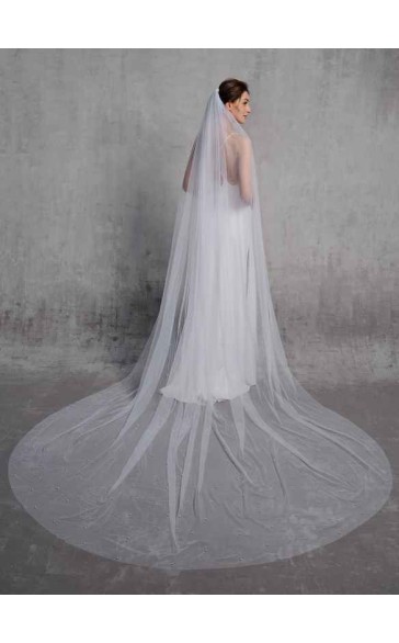 One-tier Cut Edge Cathedral Bridal Veils With Faux Pearl