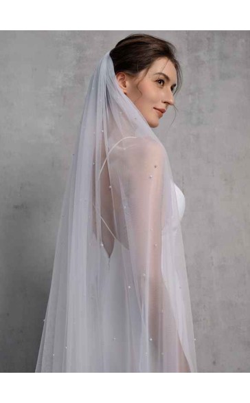 One-tier Cut Edge Cathedral Bridal Veils With Faux Pearl