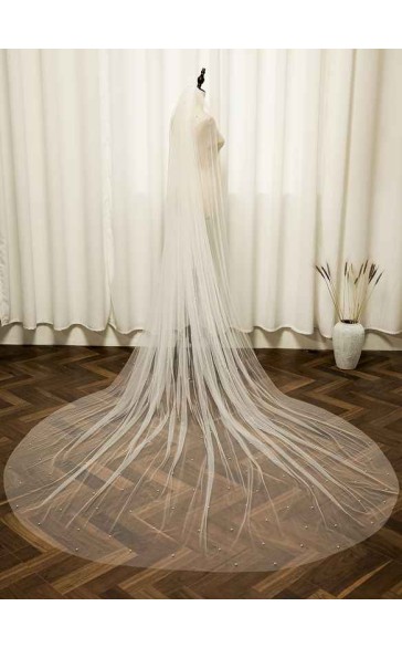 One-tier Cut Edge Cathedral Bridal Veils With Faux Pearl