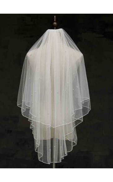 Two-tier Pencil Edge Fingertip Bridal Veils With Faux Pearl