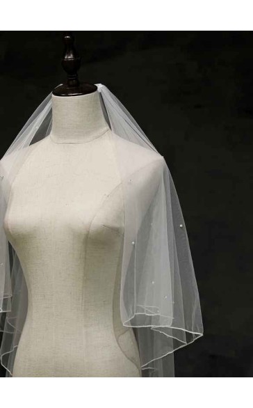 Two-tier Pencil Edge Fingertip Bridal Veils With Faux Pearl