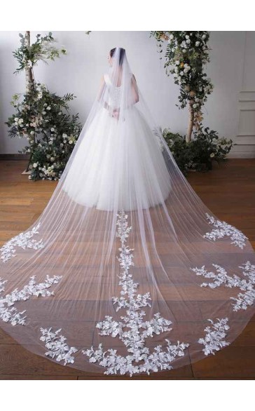 One-tier Cut Edge Cathedral Bridal Veils With Lace