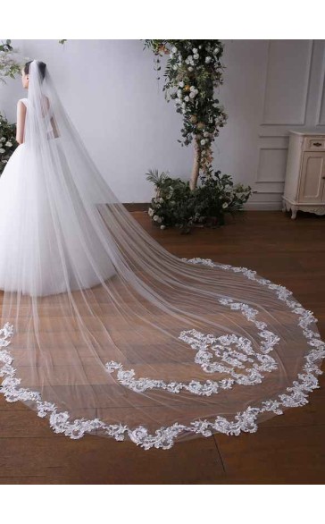 One-tier Lace Applique Edge Cathedral Bridal Veils With Lace