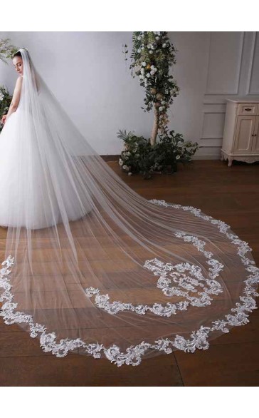 One-tier Lace Applique Edge Cathedral Bridal Veils With Lace