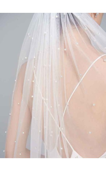One-tier Cut Edge Fingertip Bridal Veils With Faux Pearl