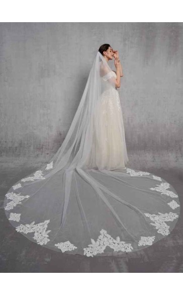 One-tier Lace Applique Edge Cathedral Bridal Veils With Lace