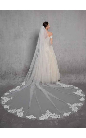 One-tier Lace Applique Edge Cathedral Bridal Veils With Lace