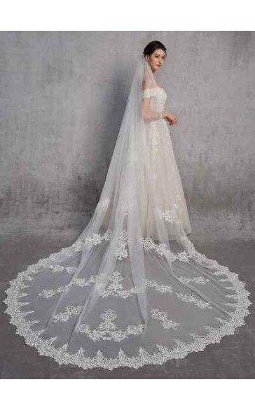 One-tier Lace Applique Edge Cathedral Bridal Veils With Lace