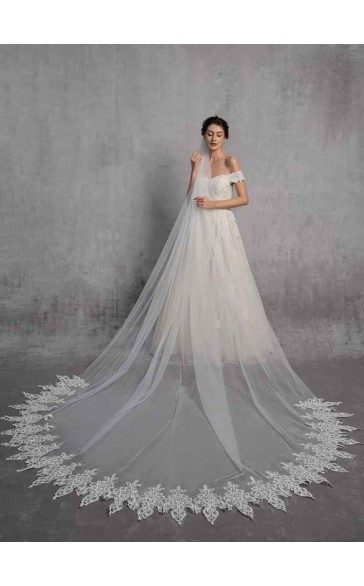 One-tier Lace Applique Edge Elbow Bridal Veils With Lace