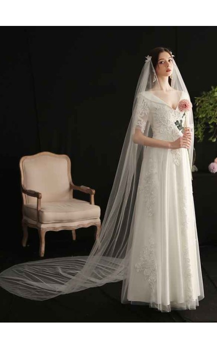 One-tier Cut Edge Cathedral Bridal Veils With Lace