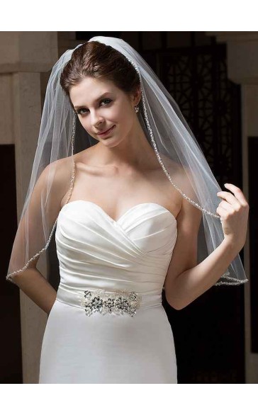 One-tier Pearl Trim Edge Elbow Bridal Veils With Beading/Sequin