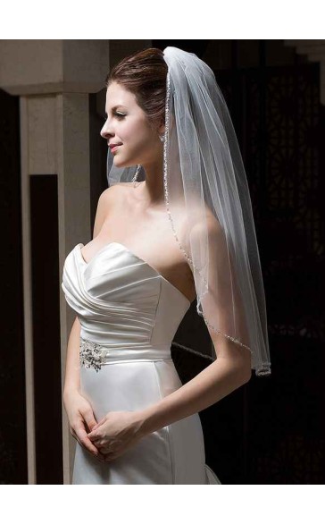 One-tier Pearl Trim Edge Elbow Bridal Veils With Beading/Sequin