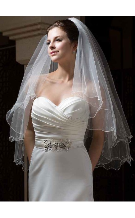 Two-tier Pencil Edge Fingertip Bridal Veils With Rhinestones