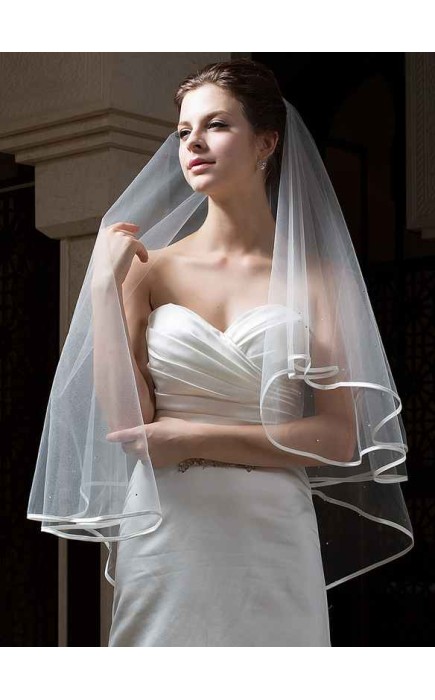 Two-tier Satin Edge Fingertip Bridal Veils With Beading