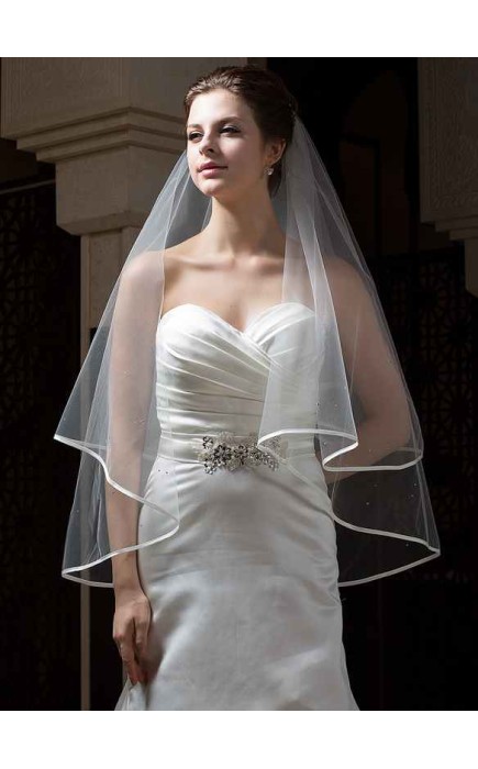 Two-tier Satin Edge Fingertip Bridal Veils With Beading