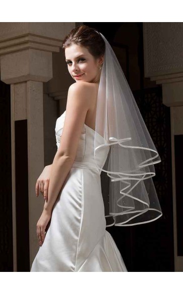 Two-tier Satin Edge Fingertip Bridal Veils With Beading