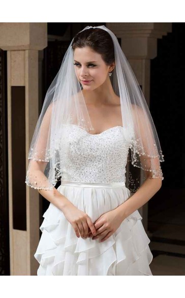 Two-tier Beaded Edge Elbow Bridal Veils With Beading/Sequin