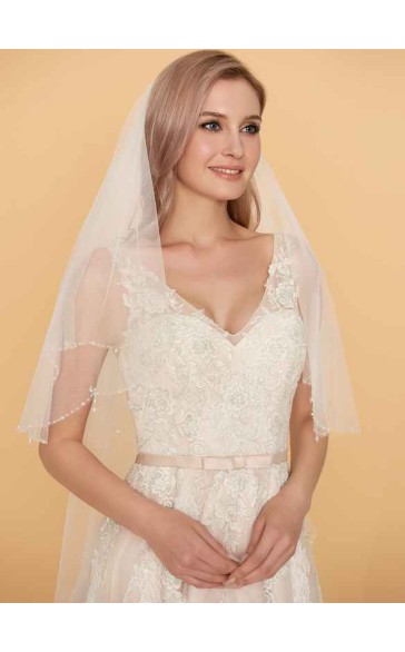 Two-tier Beaded Edge Fingertip Bridal Veils With Beading/Faux Pearl/Sequin