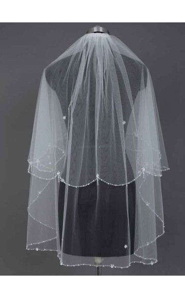 Two-tier Beaded Edge Fingertip Bridal Veils With Beading/Faux Pearl/Sequin