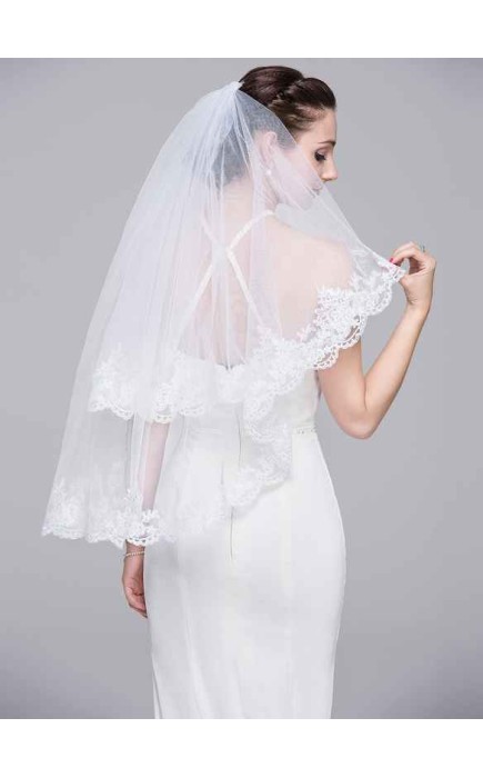 Two-tier Lace Applique Edge Elbow Bridal Veils With Lace